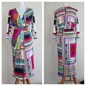 Etro Faux Wrap Silk Jersey Abstract Print midi Dress Size 44 Ruched Waist Size 8